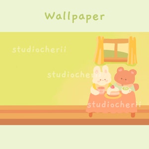 K&ouml;nnte beinhalten: Ein gelber und orangefarbener Raum mit einem Fenster, einem Tisch, einem wei&szlig;en Kaninchen, das eine Tasse h&auml;lt, und einem braunen B&auml;ren, der eine Tasse h&auml;lt. Der Text "studiocherii" erscheint dreimal im Bild.