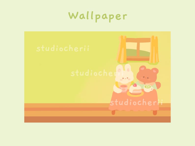 K&ouml;nnte beinhalten: Ein gelber und orangefarbener Raum mit einem Fenster, einem Tisch, einem wei&szlig;en Kaninchen, das eine Tasse h&auml;lt, und einem braunen B&auml;ren, der eine Tasse h&auml;lt. Der Text "studiocherii" erscheint dreimal im Bild.