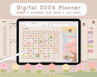 Cute Digital 2024 Dated + Undated Planner - mon and sun start | Hyperlinked Landscape | Templates | Precropped Sticker | StudioCherii