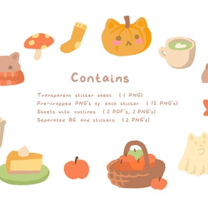 May include: A set of 12 autumn-themed digital stickers featuring illustrations of a cat wearing a scarf, a pumpkin, a cup of coffee, an acorn, a maple leaf, a cat ghost, a slice of pumpkin pie, a basket of apples, and a mushroom. The stickers are available in PNG and PDF formats.