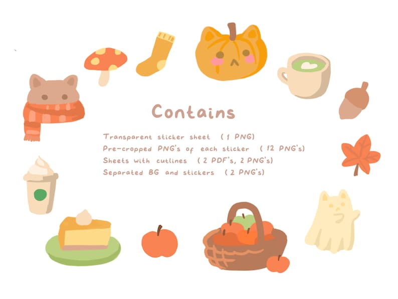 May include: A set of 12 autumn-themed digital stickers featuring illustrations of a cat wearing a scarf, a pumpkin, a cup of coffee, an acorn, a maple leaf, a cat ghost, a slice of pumpkin pie, a basket of apples, and a mushroom. The stickers are available in PNG and PDF formats.