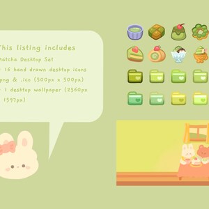 K&ouml;nnte beinhalten: Ein digitales Desktop-Set mit 16 handgezeichneten Symbolen und einer Tapete in Gr&uuml;n- und Wei&szlig;t&ouml;nen. Die Symbole zeigen verschiedene Matcha-Spezialit&auml;ten, darunter Kuchen, Eis und Mochi. Die Tapete zeigt ein s&uuml;&szlig;es Kaninchen und einen B&auml;ren, die eine Teeparty genie&szlig;en.