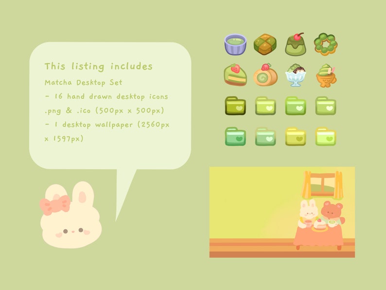 K&ouml;nnte beinhalten: Ein digitales Desktop-Set mit 16 handgezeichneten Symbolen und einer Tapete in Gr&uuml;n- und Wei&szlig;t&ouml;nen. Die Symbole zeigen verschiedene Matcha-Spezialit&auml;ten, darunter Kuchen, Eis und Mochi. Die Tapete zeigt ein s&uuml;&szlig;es Kaninchen und einen B&auml;ren, die eine Teeparty genie&szlig;en.