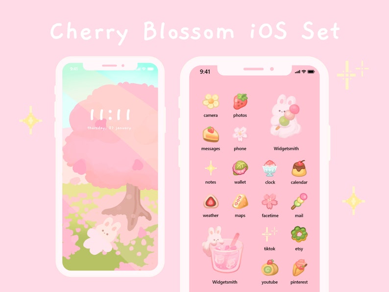 Cute Cherry Blossom iOS14 & Android App Icons | Spring Home Screen Set | Hand Drawn | Widget Wallpapers | Pink Kawaii | StudioCherii 