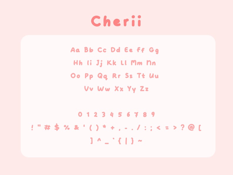 以下が含まれることがあります： 「Cherii」という単語が上にある、ピンクと白のアルファベットチャート。チャートには大文字と小文字、数字0から9、句読点などが含まれています。