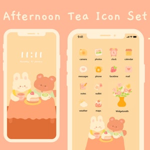 Słodkie ikony aplikacji na iOS i Androida Afternoon Tea | Przytulny zestaw ekranu głównego | Rysowane ręcznie | Tapety widżetów | Pomarańczowo-różowy Kawaii | StudioCherii