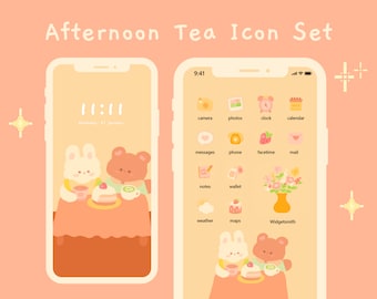 Cute Afternoon Tea iOS & Android App Icons | Cozy Home Screen Set | Hand Drawn | Widget Wallpapers | Orange Pink Kawaii | StudioCherii