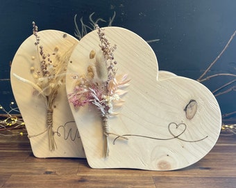 XL Herz aus Holz / Holzherz - Geschenk zur Hochzeit, Geburtstag, Muttertag mit Trockenblumen, nachhaltig ohne Teelicht und Deko