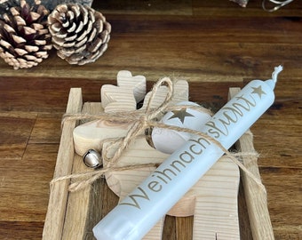 Rentier-Geschenkset aus Holz mit Kerze und Kerzenhalter, Weihnachtsdeko - nachhaltig