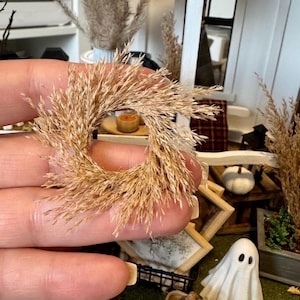 May include: A miniature circular wreath crafted from dried, light tan ornamental grasses. The delicate, feathery texture of the dried plant stems forms a dense, radiating pattern around a small central opening, creating a natural, rustic appearance.