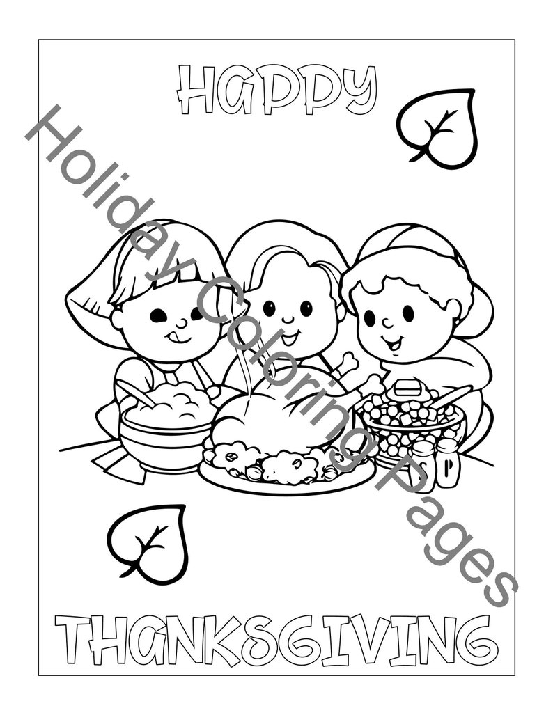 May include: A black and white coloring page featuring three children sitting at a table with a turkey, side dishes, and the words "Happy Thanksgiving".