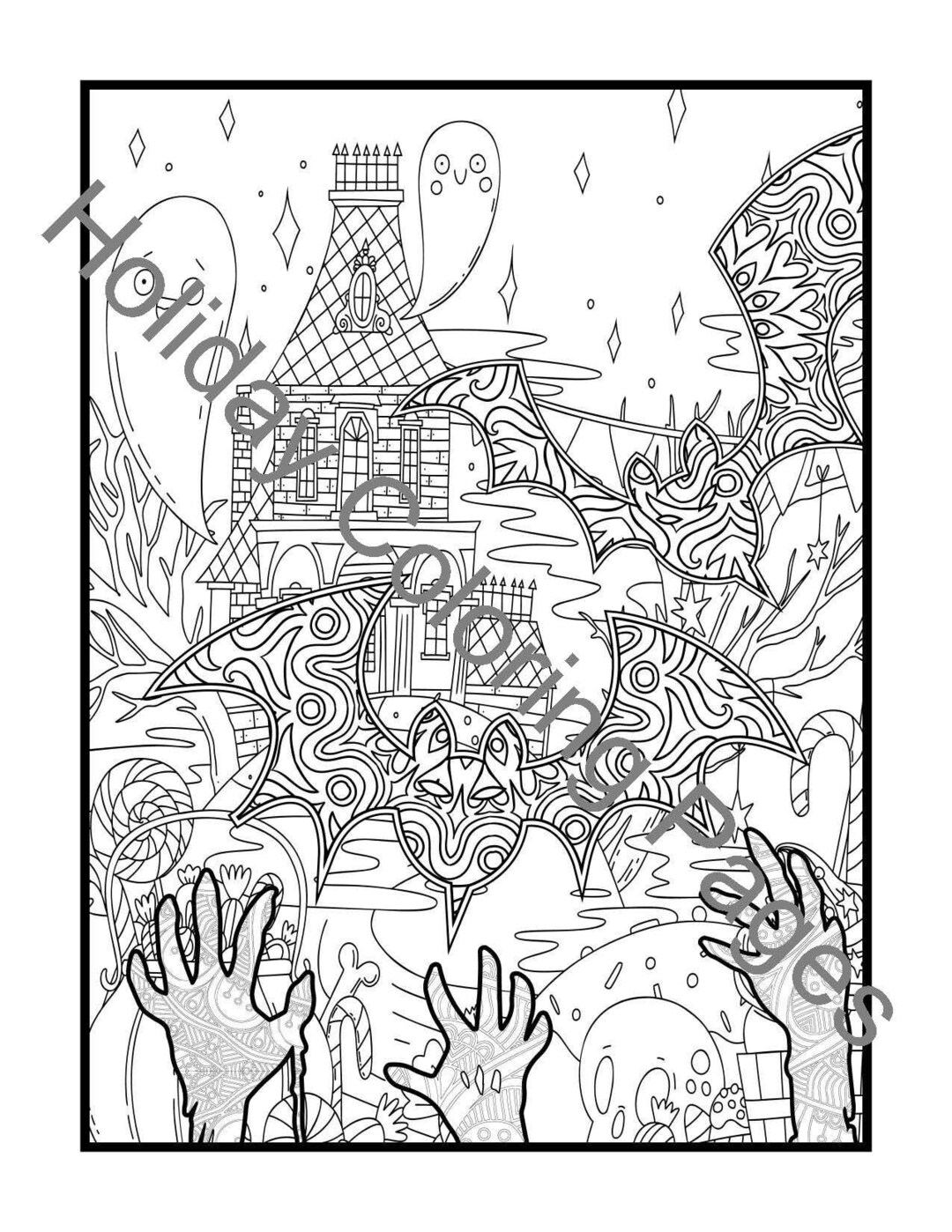Ghost Bats Haunted House Halloween Coloring Page Etsy