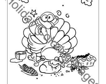 Cute Thanksgiving Turkey Eating Dinner Coloring Page