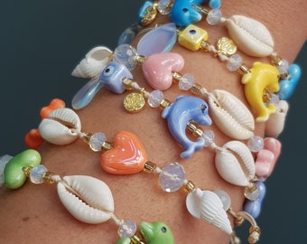 Heart dolphin adjustable bracelet, adjustable bracelets, dolphin bracelet, ocean bracelet, cowrie shell bracelet, colorful summer bracelets