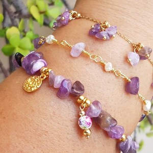 Amethyst stone Bracelets, Gold plated Stainless Steel chain, Greek eye protection jewelry, gemstone jewellery, mother gift bracelets.