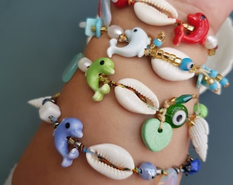 Dolphin adjustable bracelet, adjustable bracelets, dolphin bracelet, ocean bracelet, cowrie shell bracelet, colorful summer bracelets