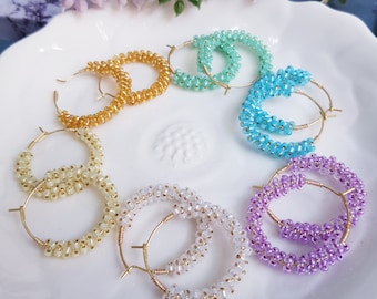 Pastel Candy Beaded gold plated hoop earrings, wire wrap earrings, wire wrap hoops, toho beaded earring, beaded hoops, round earrings