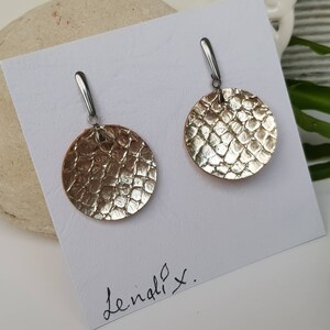 Gold Genuine Leather circle dangle Earrings, gold shiny jewelry, Stainless Steel ear hooks, snake embossed jewellery, double side leather.