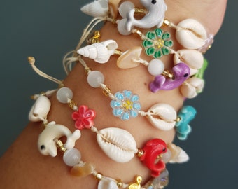 Floral Dolphin adjustable bracelet, macrame waxed thread, dolphin bracelet, ocean jewelry, colorful cowrie shell bracelet, summer collection