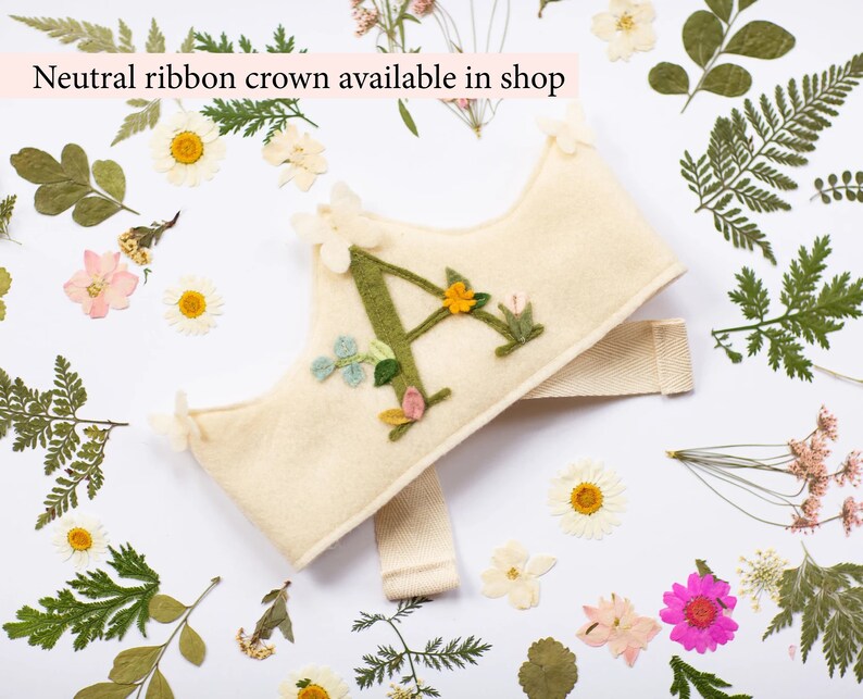 May include: A felt crown with a green felt letter A embroidered on it. The crown is decorated with small felt flowers and leaves. The crown is tied with a white ribbon.