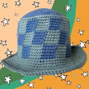 Checkered Blue Crochet Bucket Hat