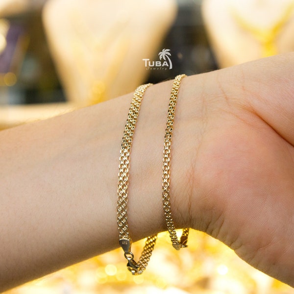 14K Gold Bismarck Bracelet, Mother's Day Gift, 4.3mm width, Herringbone Style Chain Bracelet, Chain Bracelet Gift for women