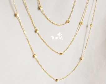 14K Solid Gold Cube Beaded Chain, Mother’s Day Gift, Satellite, Cable Chain Necklace, Dainty Beaded Choker, Gold Ball Chain Necklace