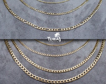 14K Gold Cuban & Figaro Chain Necklace, Mother’s Day Gift, Figaro Chain Necklace, Gold Figaro Necklace, Curb Cuban Link Chain Necklace