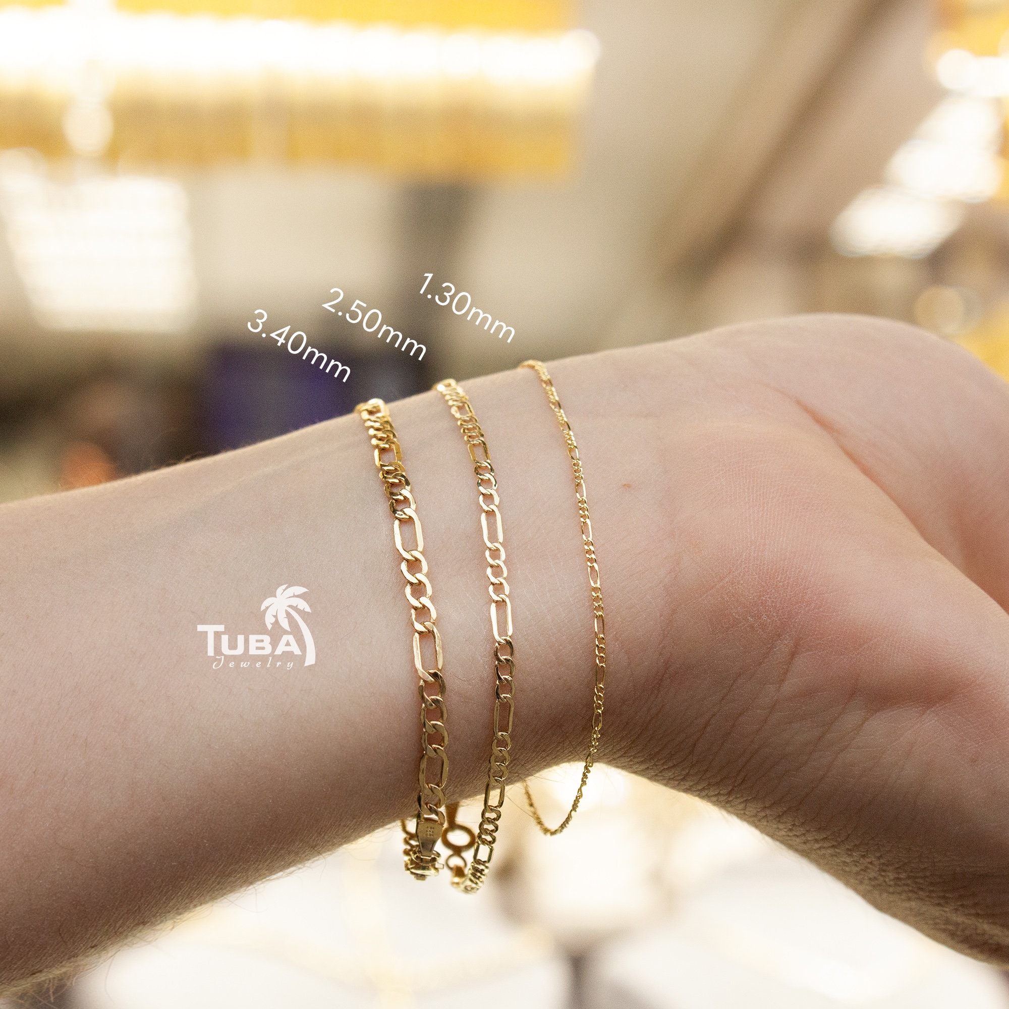 14K Gold Cuban Link Chain Bracelet, Figaro Bracelet, Charm