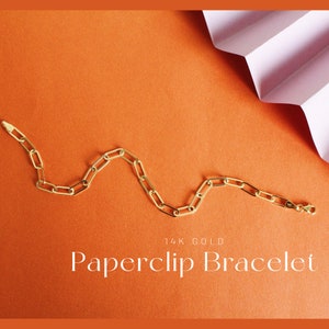 14k Gold Paperclip Bracelet, Mothers Day Gift, Paperclip Bracelet 14k, Bracelet for Women, 14k gold bracelet, Rectangle bracelet gold 14k image 2