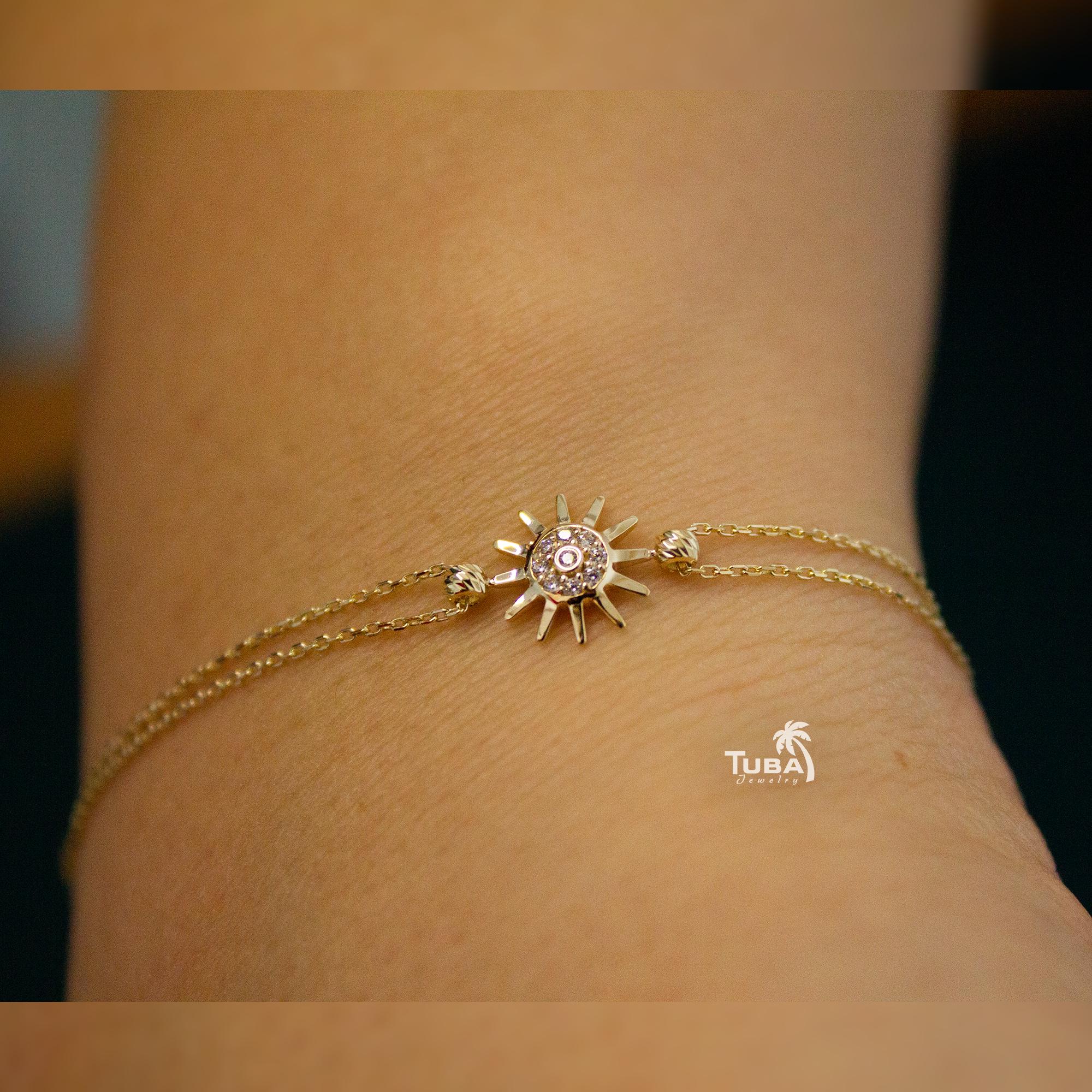 14K Gold Sun Bracelet, Dainty Gold Jewelry, Double Chain Sun
