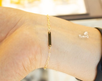 14K Solid Gold Custom Name Bar Bracelet, Engraved Paperclip Chain