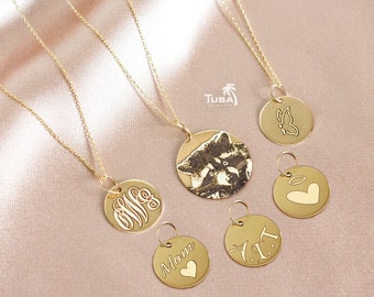 14K Solid Gold Charm Disk Necklace, Custom Handwriting Name Engraved Necklace, Personalized Disc Necklace, Mother&#39;s Day Gifts