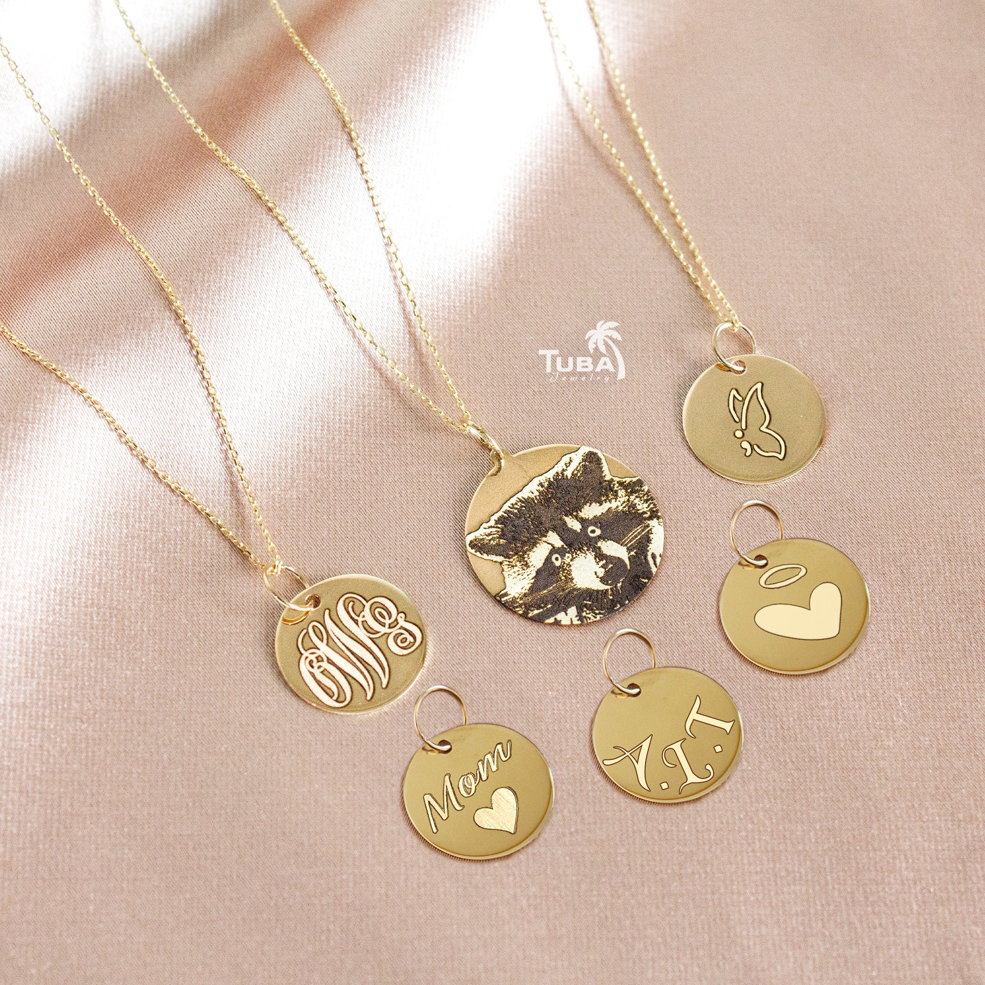 14K Solid Gold Charm Disk Necklace, Custom Handwriting Name Engraved Necklace, Personalized Disc Necklace, Mother's Day Gifts