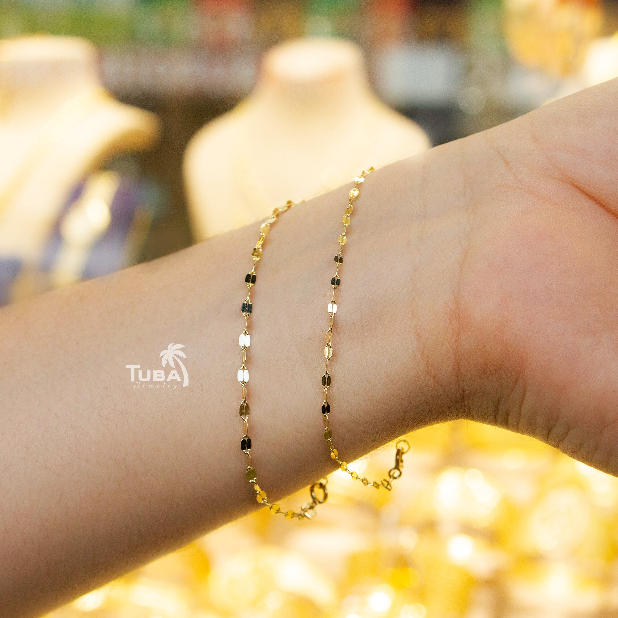 14K Solid Gold Mirror Chain Bracelet, Glitter Chain Bracelet