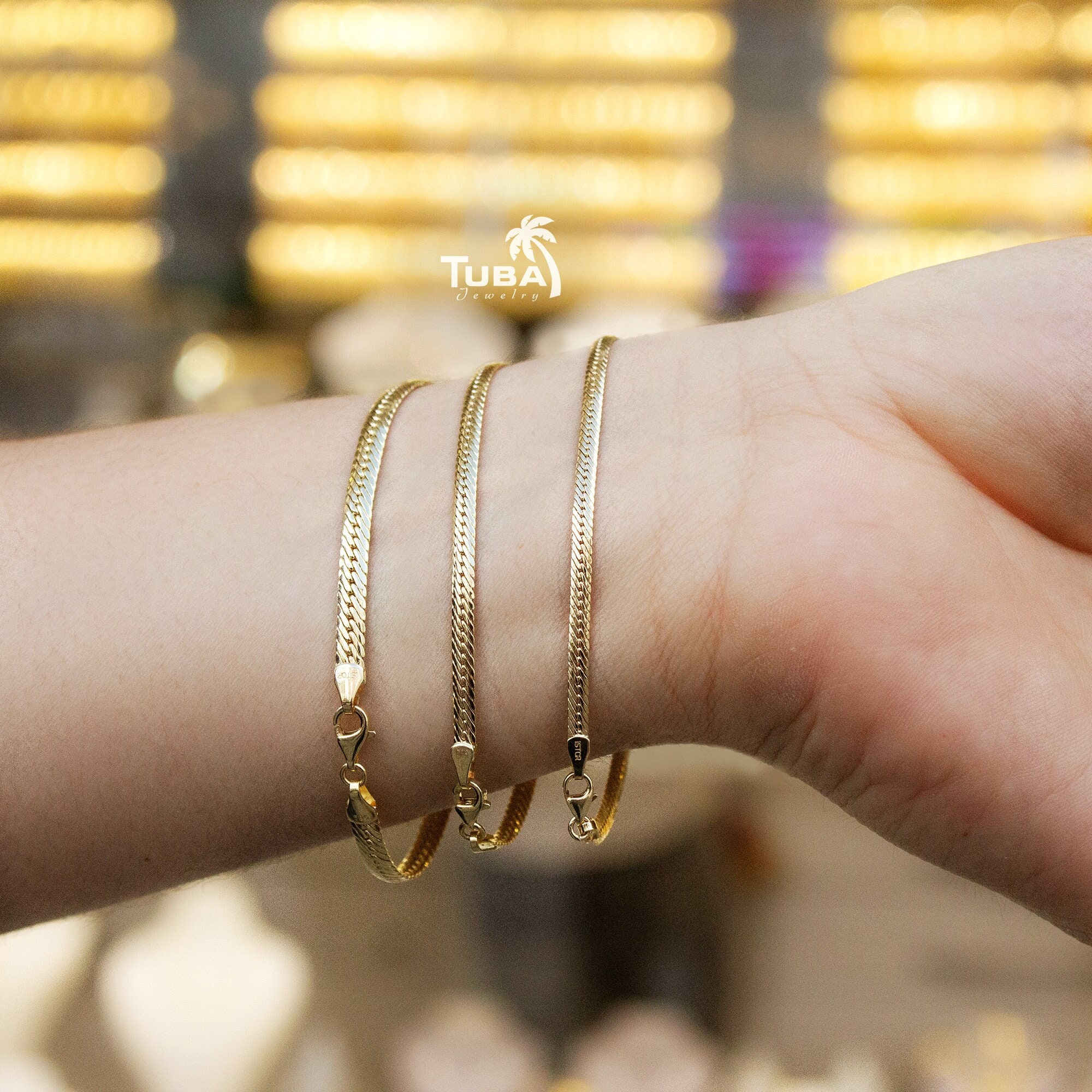 14K Gold Snake Bracelet, Bracelet for Women, 14k Herringbone Bracelet, 14k  Gold Chain Bracelet, Bracelet Femme 