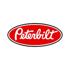May include: A red oval with a black outline and the white text "Peterbilt" inside.