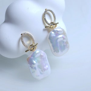 Rectangular Baroque Pearl Earrings |  gold-filled crystal-studded knots | beautiful baroque pearl earrings | real freshwater pearl earrings