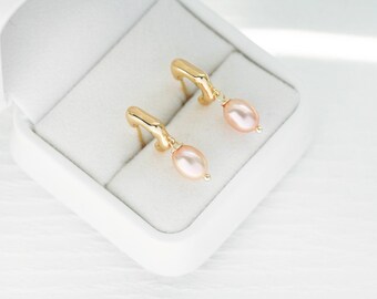 Natural Color Pearl Drop Earrings, Freshwater Pearl Dangle Earrings, 18K Gold Plated Bridal Gift