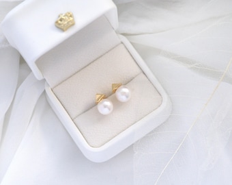 Geometric Freshwater Pearl Stud Earrings, Gold Plated Pearl Studs, Bridal Jewelry Gift