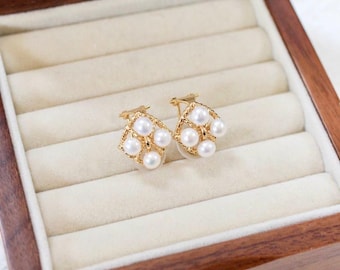 Diamond Shape Clip On Freshwater Pearl Earrings, Gold Plated Non Pierced Bridal
