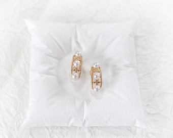 Three Pearl Clip On Hoop Earrings, Freshwater Pearls, Non Pierced Gold Plated Gift