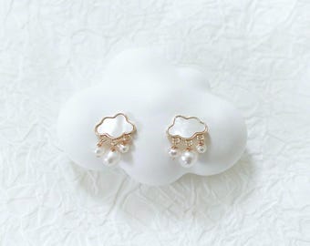 Cloud Mother of Pearl Drop Earrings, Freshwater Pearl Raindrop Earrings, Gold Plated Gift