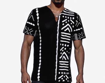 Printed Black African Bogolan Inspired Lightweight Dashiki - Sleek Design! Perfect Summer Wear! - Not Mud Cloth Material