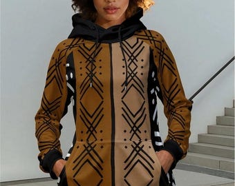 African Mud Cloth Bogolan Inspired Printed Long Style Pullover Hoodie - Not Actual Mud Cloth Material