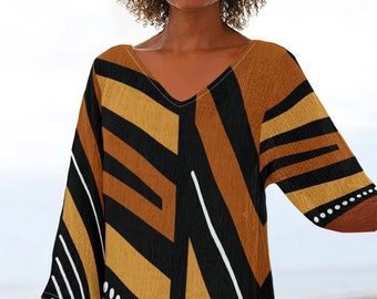 African Colors Printed Bogolan Mud Cloth Inspired Thin Women's V-neck Top - Not Mud Cloth Material