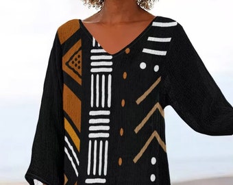 African Printed Bogolan Mud Cloth Design Thin Women's V-neck T-Shirt - Not Mud Cloth Material