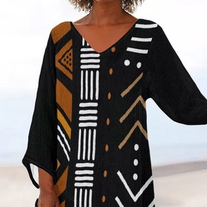 African Printed Bogolan Mud Cloth Design Thin Women's V-neck Top - Not Mud Cloth Material