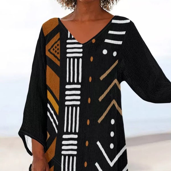 African Printed Bogolan Mud Cloth Design Thin Women's V-neck T-Shirt - Not Mud Cloth Material