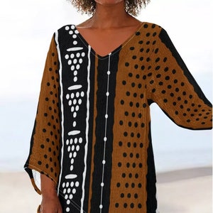 African Printed Bogolan Design Thin Women&#39;s V-neck Top - Not Mud Cloth Material